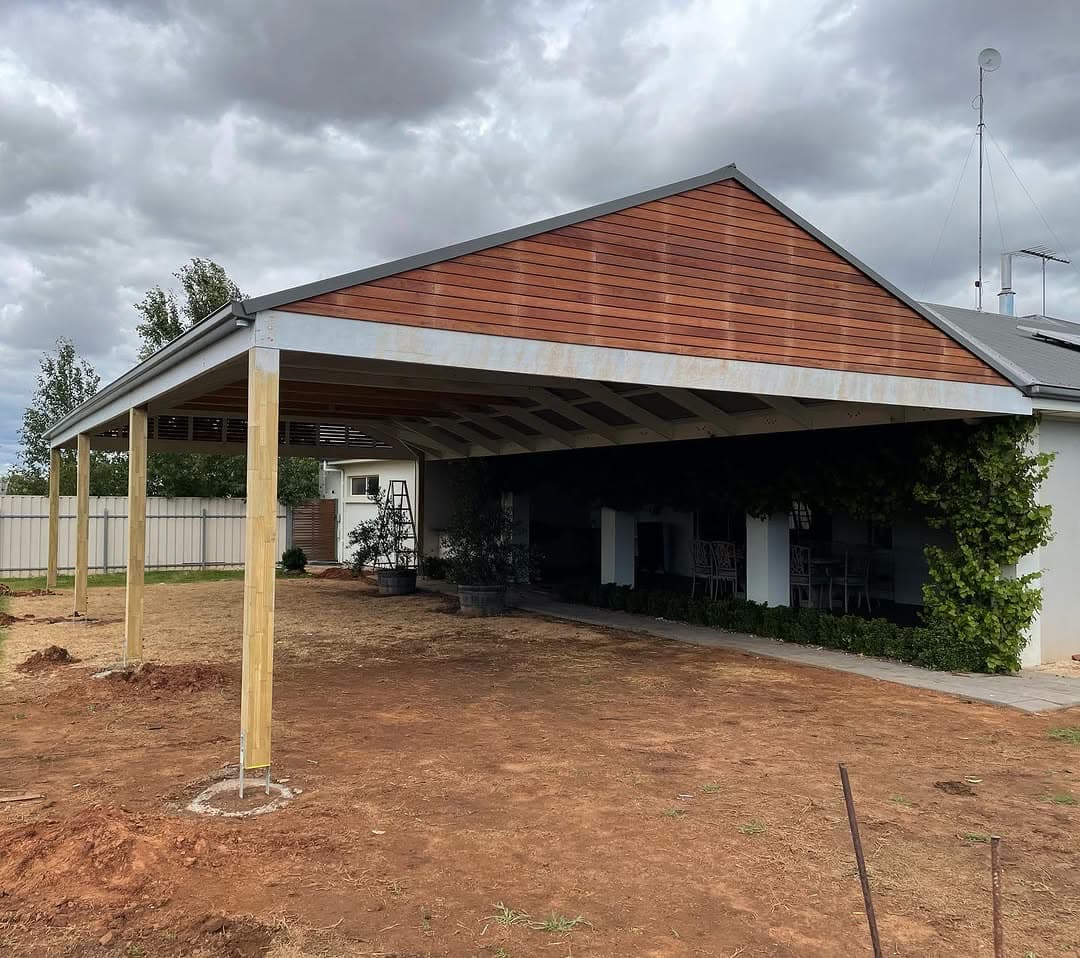 Large gable pavilion with a lined timber ceiling over an Adelaide backyard