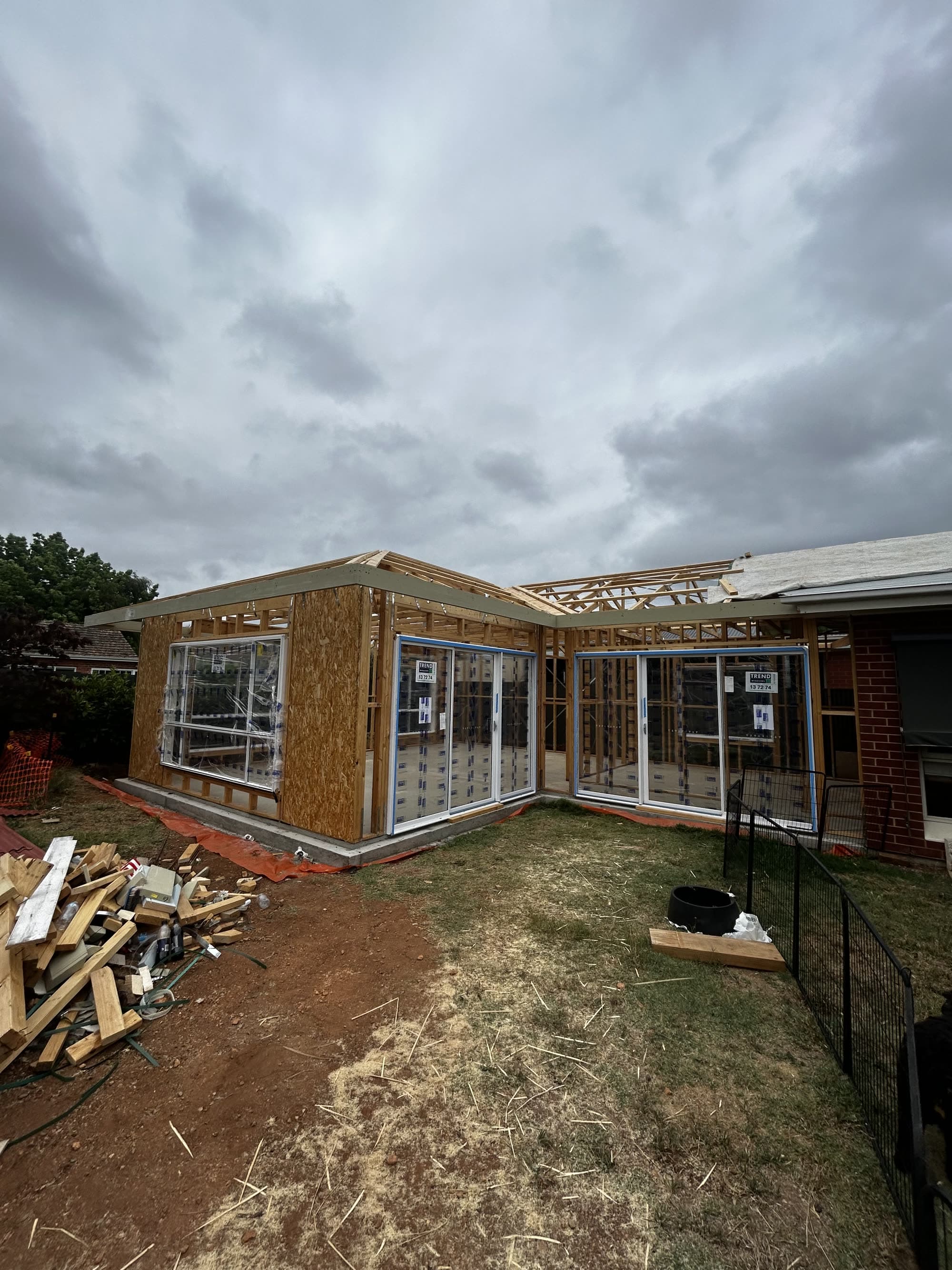Timber-framed rear extension on an Adelaide home, wrapped and ready for cladding